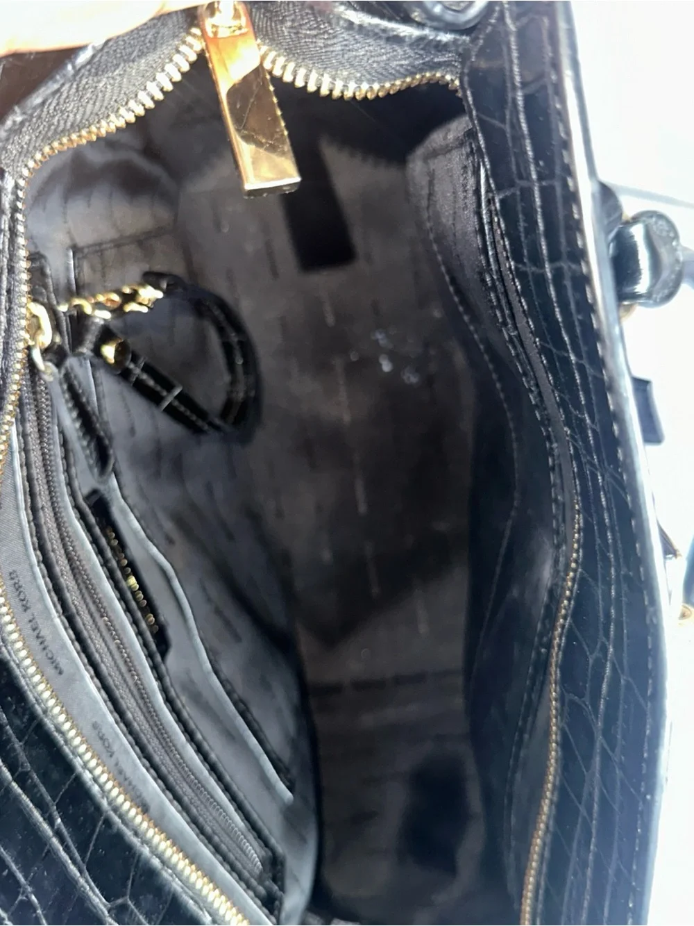 Michael Kors Black Croc-Embossed Satchel with Gold Hardware
